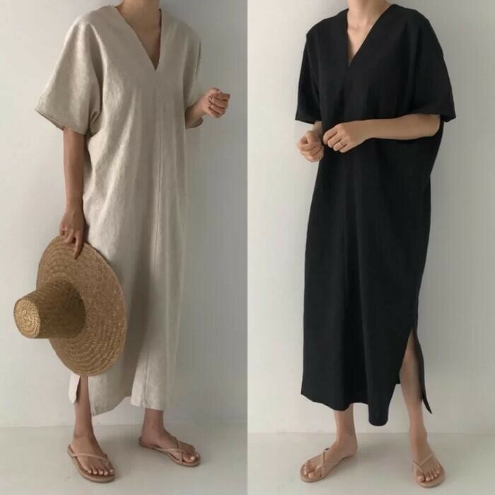 30代 カジュアル Vネック 夏 春 50代 黒 ドレス 袖あり リラックス フェミニン ロング丈 20代 韓国 可愛い シンプル レディース ブラック コットンリネン ナチュラル 秋 ベージュ ワンピース 半袖 体型カバー 綿麻 ゆったり 大人 40代