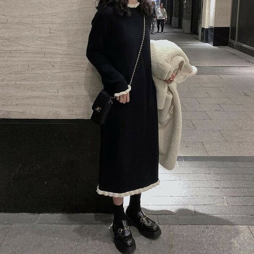 黒 春 カジュアル ワンピ ブラック 大人 ゆったり 秋 冬 ドレス 20代 体型カバー ニット 韓国 レディース 可愛い 50代 袖あり フェミニン 長袖 ワンピース 30代 配色 フリル ミモレ丈 シンプル おしゃれ 40代 黒 春 カジュアル ワンピ ブラック 大人 ゆったり 秋 冬 ドレス 20代 体型カバー ニット 韓国 レディース 可愛い 50代 袖あり フェミニン 長袖 ワンピース 30代 配色 フリル ミモレ丈 シンプル おしゃれ 40代