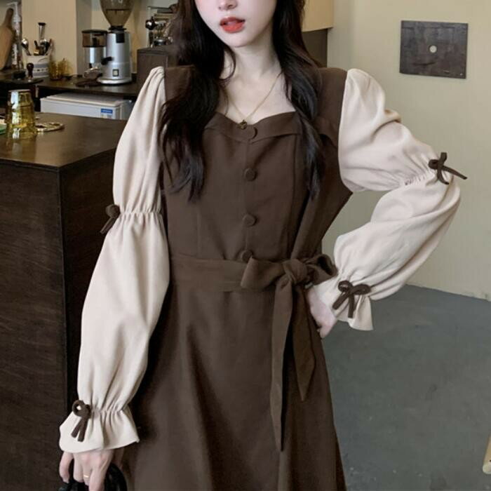 ブラウン カジュアル レディース 冬 リボン 春 ガーリー ワンピース ミモレ丈 可愛い パフスリー