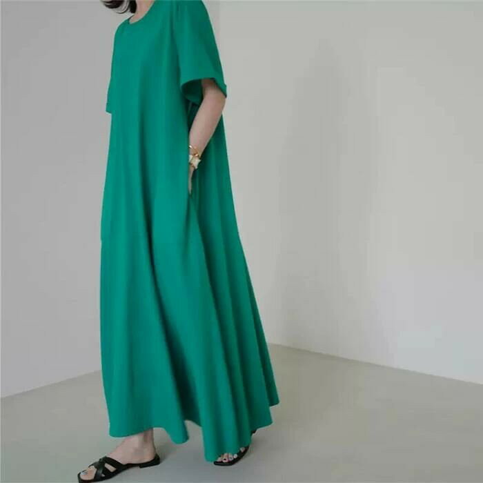 40代 フレア 30代 半袖 Tシャツワンピ 50代 袖あり ドレス 緑 ピンク フェミニン レディース シンプル Aライン 20代 リラックス グリーン 夏 可愛い 大人 カジュアル ワンピ 春 ゆったり ロング丈 秋 ワンピース エレガント