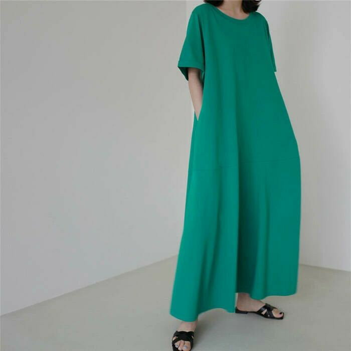 40代 フレア 30代 半袖 Tシャツワンピ 50代 袖あり ドレス 緑 ピンク フェミニン レディース シンプル Aライン 20代 リラックス グリーン 夏 可愛い 大人 カジュアル ワンピ 春 ゆったり ロング丈 秋 ワンピース エレガント