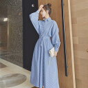 ワンピ フェミニン Aライン ロング丈 袖あり 青 ドレス 夏 30代 春 レディース ハイウエスト 50代 【一部】ワンピース シャツワンピ ロングワンピ 大人可愛い カジュアル ストライプ ゆったり 秋 長袖 20代 40代 ブルー おしゃれ(4)