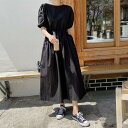 体型カバー おしゃれ ブラック ロング丈 ドロスト 春 20代 半袖 黒 パフスリーブ ワンピ ワンピース ロングワンピ 30代 フェミニン 40代 大人 ドレス ゆったり 50代 秋 可愛い 夏 袖あり シンプル レディース カジュアル