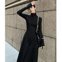 ハイネック レディース ワンピース 黒 40代 シンプル ドレス 20代 ハイウエスト フェミニン 秋 カジュアル ワンピ ブラック 可愛い タートルネック 冬 ロング丈 春 エレガント 体型カバー 50代 長袖 30代 大人