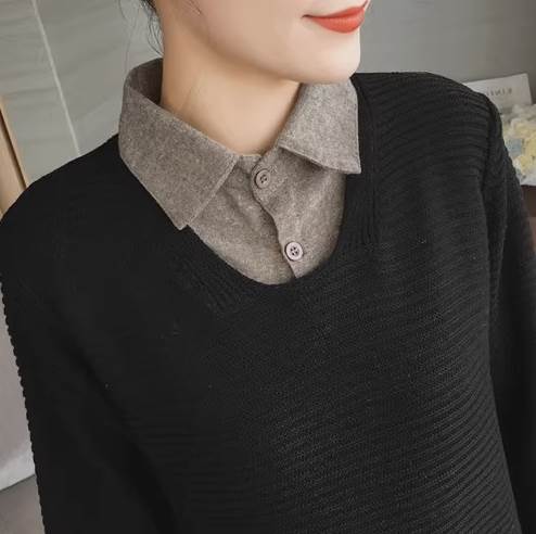 セーター ニット 3XL レディース ガーリー 上品 襟付き かわいい 個性的 M L こなれ感 2XL 長袖 ブラウスス 4XL セーター ドッキング シンプル コーデ お出かけ XL Vネック 送料無料 存在感 プルオーバー カジュアル 主役級 デート フェミニン 大人可愛い