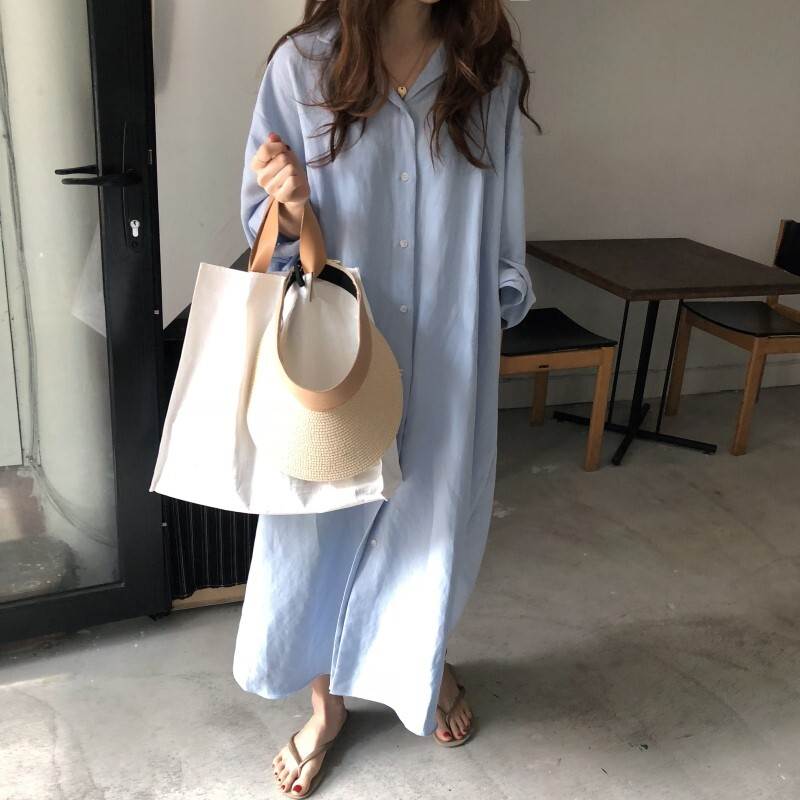 ルーズ シンプル 青 ワンピース M 白 大人女子 ワイド ラフ シャツ 個性的 前開き こなれ感 ボリューム袖 サイドスリット 襟付き S カジュアル 大人 シャツワンピース 送料無料 おしゃれ 長袖 Vネック ロング丈 ワンピース L ドロップショルダー 大人可愛い ボーイッシュのサムネイル