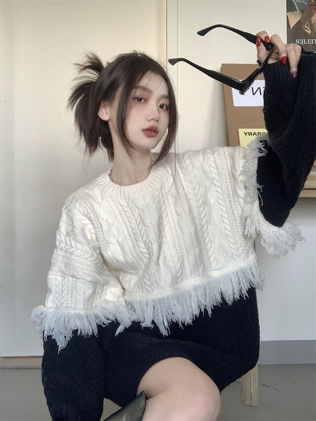 ス 萌え デート お出掛け オーバーサイズ ミドル丈 2カラー ニット セーター プルオーバー フリンジツイストニット ニットワンピース レディース 可愛い フリンジニット(4)