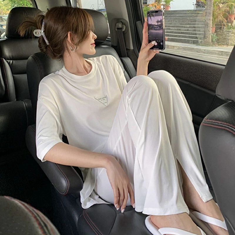半袖Tシャツ ワイドパンツ Tシャツ スーツ set up カットソー レディース ファッション ボトムス ストレートパンツ 【セットアップ】半袖Tシャツ＋ワイドスリットパンツ ス スリットパンツ ツーピース