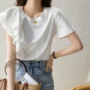 Tシャツ 半袖 おしゃれ クルーネック 上品 カットソー アシメ 高見え レディース 丸首 ブラウス 異素材ミックス 秋 フリル 夏 フェミニン カジュアル ス アシンメトリー フリル袖Tシャツ オフィス 春 フリルス