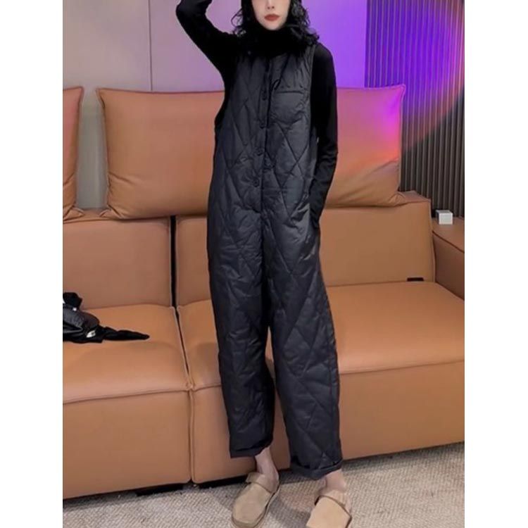 中綿 パンツ 秋 オールインワン 春 ゆったり 冬 レディース ジャンパースカート 重ね着 カジュアル ワイド ジャンスカ サロペット 韓国風 コーデ おしゃれ クルーネック オーバーオール サロペット 体型カバー キルティング サロペットパンツ キルト 大人