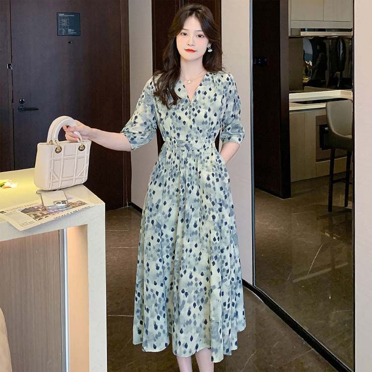 ワンピース 水彩 グリーン レディース ドレス 40代 秋 ロング ワンピ 大人 カジュアル ハイウエスト シフォン 水彩 大人可愛い 体カバー Vネック 緑 おしゃれ 夏 30代 シフォン ミモレ丈 20代 送料無料 袖あり 五分袖 ロングワンピ 春 フェミニン
