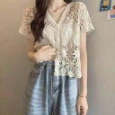 サマーニット カーディガン レディース 半袖 ス Vネック 透かし編み レースTシャツ 透かし 花柄レース ボレロ 刺繍 カットソー ブラウス 半袖カーディガン...