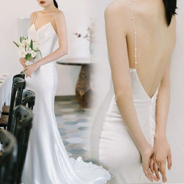 花嫁 ウェディングドレス ファスナー 白ドレス ワンピース 花嫁 結婚式 二次会 披露宴 前撮り 後撮り 撮影用 ビーチフォト フォトウェディング 小さいサイズ ドレス ロング トレーンドレス ウエディングドレス S/M/L/2L/3L