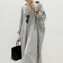 長袖 体型カバー ドロップショルダー フリーサイズ ワンピース 大きいサイズ マキシ丈 シャツワンピース UVカット 大きいサイズ スリット ストライプ柄 ロン...