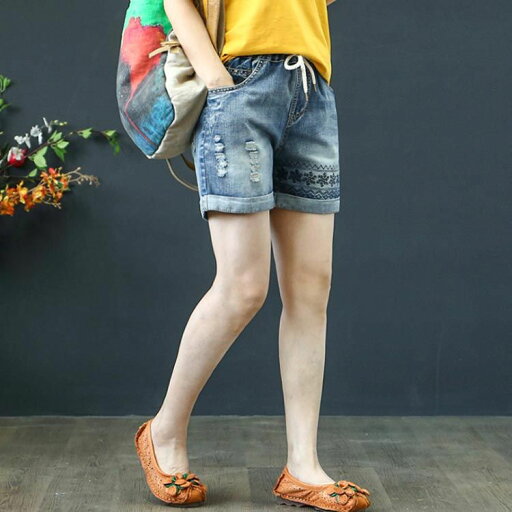 刺繍 ウエストゴム カジュアル デニムパンツ ゆったり ダメージ加工 大きいサイズ お洒落 ジーンズ ショートパンツ ショーパン 送料無料 レディース 刺繍 ウエストゴム カジュアル デニムパンツ ゆったり ダメージ加工 大きいサイズ お洒落 ジーンズ ショートパンツ ショーパン 送料無料 レディース