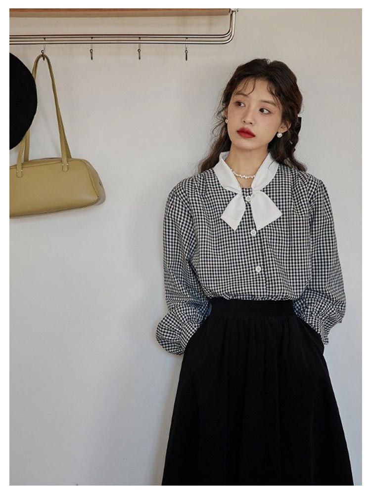 事務服 リボン チェック柄 インナー ボリューム袖 リボンブラウス 無地 トップス 送料無料 ブラウ