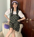 2点セット キャミソール ブラウス セットアップ ミディアム丈 韓国 白トップス 小花柄 ミニ丈 ワンピース デザイン オルチャン かわいい ノースリーブ カジ 大人可愛い 個性的 ニット 半袖 ツーピース おしゃれ レディース ラウンドネック