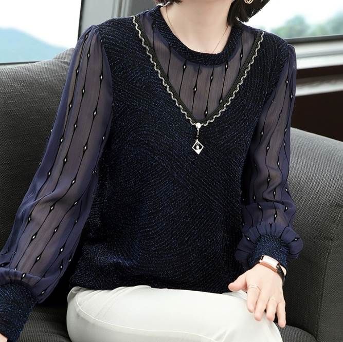 シャツ 紺 長袖 レディース かっこいい ラフ ストレート シフォン 4XL 透け感 送料無料 おしゃれ レトロ 3XL エレガント 上品 個性的 主役級 切り替えデザイン シンプル プルオーバー クール 存在感 ルーズ こなれ感 カジュアル ス Uネック かわいい きれいめ 大人(4)
