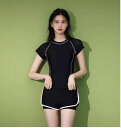 フィットネス M L ショートパンツ 水着 着痩せ 伸縮性 ツーピース プール 脚長 上下セット 体型カバー 半袖 スイムウェア シンプル スリム セパレート 無地 ブラック かっこいい スポーティー スタイルカバー 体型カバー ベーシック