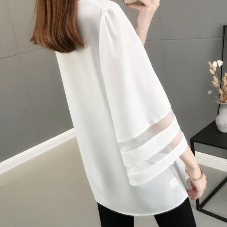 薄手 フレアスリーブ きれいめ 長袖 tシャツ 春 フェミニン 前後差 シャツ レディース メッシュ切り替え オフィス 通学 ゆったり 無地 袖フレア シンプル OL 体型カバー 大きいサイズ 夏 通勤 Vネック カットソー おしゃれ シフォン ス カジュアル 可愛い