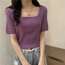韓国風 サマーニット ス 無地ニット 夏ニット 伸縮性 半袖 夏新作 リブニット ショート丈 ニットス カジュアル リブ編み 着痩せ 角首 レディース ストレッ...