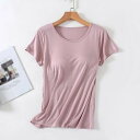 カットソー カップ付き パット付き レディース 半袖 ブラトップ tシャツ 半袖Tシャツ ラウンドネック 柔らかい 部屋着 カップ付きインナートップス 大きいサイズ ルームウェア 無地 Uネック 締め付けない ナイトブラ ナイトウェア Tシャツ