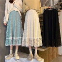 花柄レースロングスカート ウエストゴム スカート 総レース Aラインスカート 膝下丈 ミモレ丈スカート キレイめ 裏地付き ふんわり オールシーズン 送料無料(4)