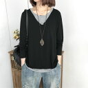 tシャツ オーバーサイズ 長袖 春 大人可愛い レイヤード トップス 春夏 送料無料 レディース vネック 春物 ゆったり ロング丈 チュニック カジュアル 重...