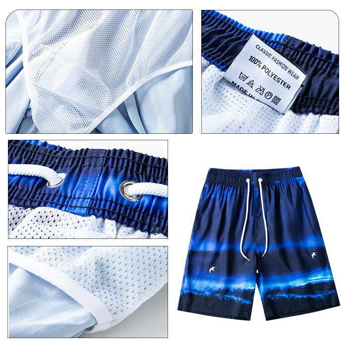 メンズ 水着 海パン スイムパンツ ハーフ丈 ウエストゴム＋調整紐付き メッシュインナー ポケット付き 大人 グラデーション リゾート プール 海 夏 青 紺 mm-008