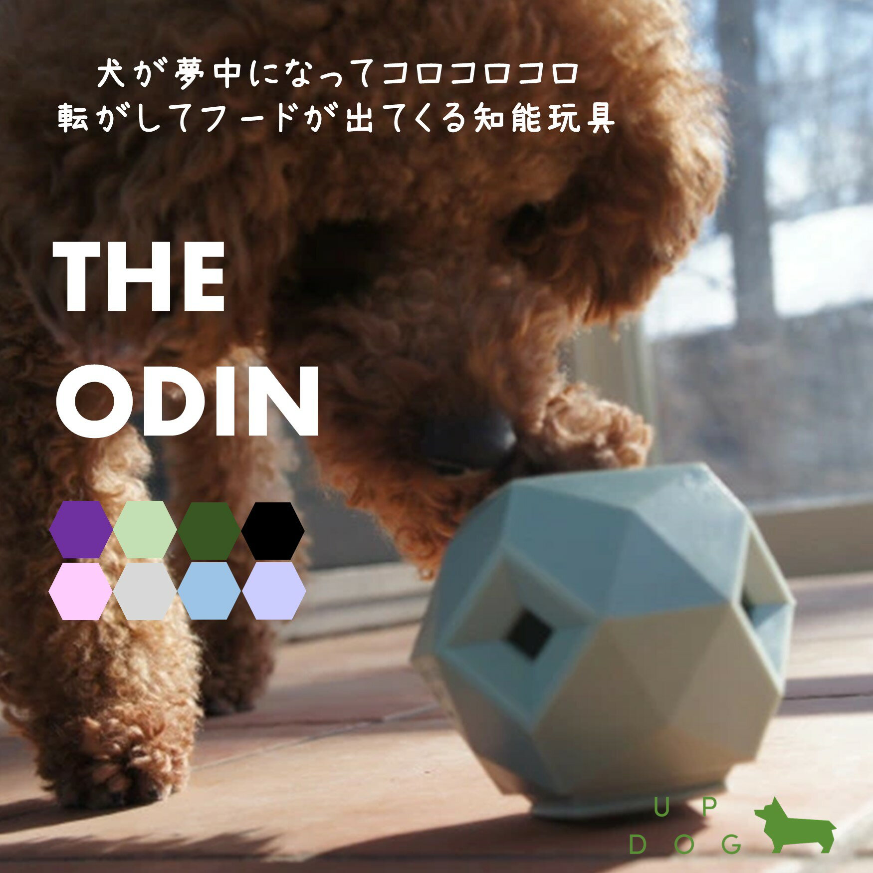 商品説明 Up DogToys 素材：TPR 製造：中国 ※輸入品のためお届けが遅れることやデザイン、製造国など 　の変更などがある場合がございます。ずっと遊んでいたい〜っ！ つい夢中になるおもちゃ、登場♪ こんなおもちゃ見たことない！ おやつを中に入れて転がす・・・？！ 「なにこれ？！ なんだか不思議な形をしてるけど・・・」 「ボクらのおもちゃみたいだよ。 なんだかコロコロしてカワイイよね♪」 「ちょっと遊んでみるっ！」 「わっ！なんだこれっ？！ 中からおやつが出てくる〜っ！！ た〜のしぃぃ♪ ずっとずっと転がしたいぃぃ！！！」 「やっぱりそうなっちゃうよね〜（笑） このおもちゃ、 その名も、【THE ODIN】 固形のドッグフードやジャーキーなどの おやつをこの中に入れるだけ♪ そして・・・匂いをかがせて 置いておくと・・・」 「おやつが出てくる〜っ！ あぁ〜！！楽しいっ！！！ 転がすの楽し〜いっっ♪」 「と、このように エンドレス状態になるのです（笑） この独特な形状にも ヒミツがあるみたい。 転がせば転がすほど 色んな動きをしてくれるから、 ず〜っと遊んでいたくなっちゃう！ そして・・・ オススメポイントは、 もうひとつあるよ♪ ・・・ジャ〜ン！！！」 「おぉ〜、繋がるんだ！」 「このように、ふたつを連結させて 使うこともできるので〜す！ 大型犬だと、連結した方が 使いやすいかもしれません。」 アメリカ・シアトルから、 「Happy dogs and happy humans」！ 「こんな楽しいおもちゃ、【THE ODIN】。 【Up Dogs Toys】という アメリカ・シアトルのメーカーが作っています。 上↑の写真の可愛いコーギー。 実は、【Up Dogs Toys】代表のご夫婦の 大切なワンちゃん♪ そのワンちゃんの名前が・・・ODIN！ 基本理念のひとつが、 『Happy dogs and happy humans』なんだって！」 「だからこんな楽しいおもちゃが 誕生したんだね〜♪」 カラーは全部で5色。 BPAフリーで安全性にもこだわっています。 「【THE ODIN】は、素材に関しても BPAフリー。 『ビスフェノールA』という化学物質が 使われていない、 中毒性がない素材を採用しています。 素材自体も硬すぎず、柔らかすぎずという 感じで、噛んでも壊れにくくなっているよ。」 「安全性にもこだわっているんだね。 ボクらも安心して遊べるね♪」 「色は全部で5色。 ブラック、ミント、ダークグリーン、パープル、ピンク、です。」 上：ミント・ピンク 下：パープル・ダークグリーン・ブラック 2018年7月、新色ライトグレイ入荷しました！↓ 2019年、新色パウダーブルー登場！ 2022年、新色ラベンダーパープル登場！