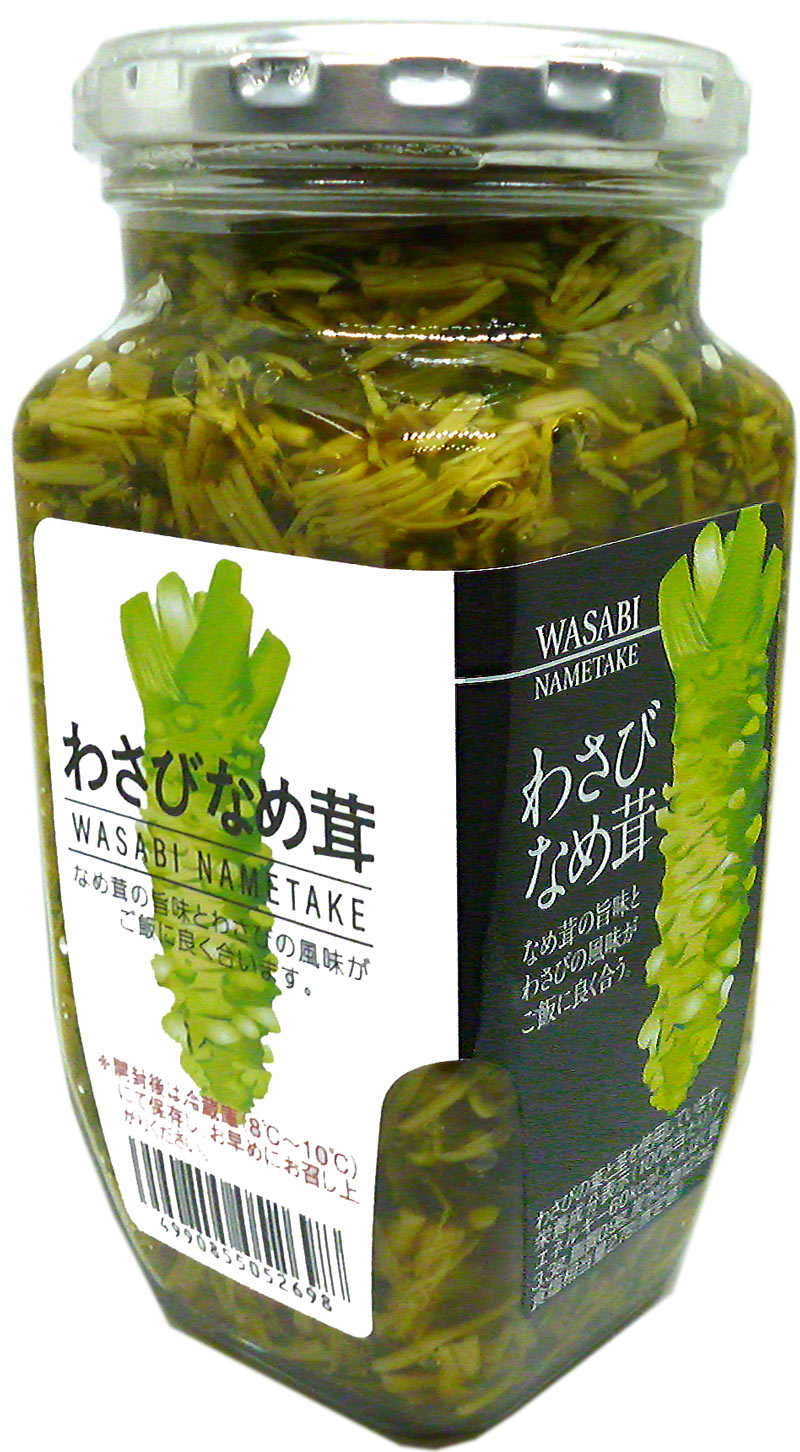 原材料名 えのき茸、醤油、わさび茎、わさび菜、砂糖、ぶどう糖果糖液糖、鰹だし、水飴、寒天／調味料（アミノ酸等）、増粘多糖類、酸味料、香料、銅含有酵母エキス、香辛料抽出物、pH調整剤、着色料（黄4、青1、銅葉緑素）、（一部に小麦・大豆・ゼラチンを含む） 内容量 370g×6個 賞味期限 製造日より1年 保存方法 ●直射日光や高温多湿を避けて保存してください。開封後は10℃以下で保存し、賞味期限にかかわらず出来るだけ早くお召し上がりください。 ●ビンは割れ物です、衝撃を与えたり、凍らせたりすると破損する場合があります。取り扱いにご注意く　ださい。6個セットは北海道・九州への発送は送料が別途300円、 沖縄・その他離島へは別途500円かかります。