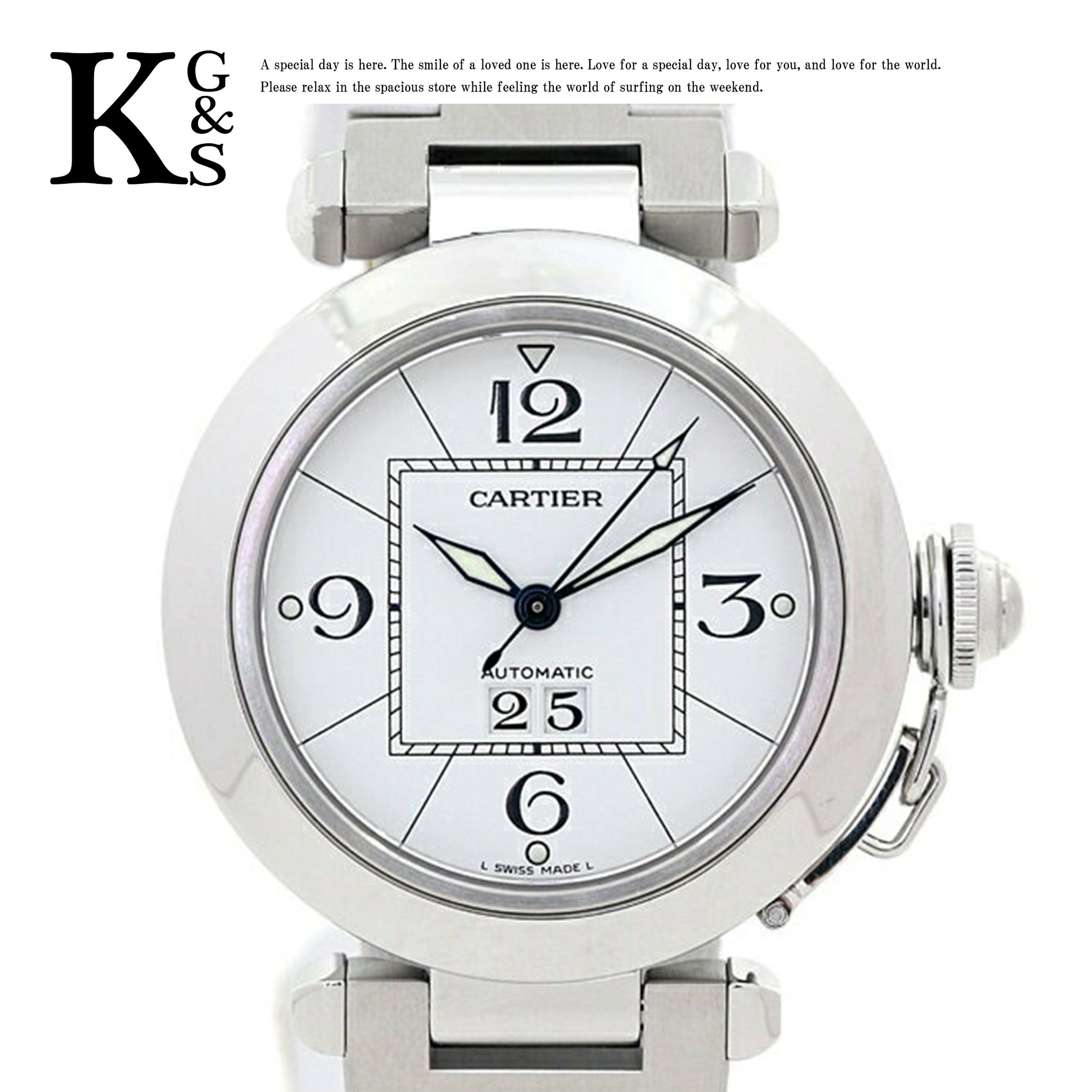 【ギフト品質】カルティエ/Cartier レディース 腕時計 パシャC 35mm ビッグデイト オートマチック 自動巻き ホワイト文字盤×シルバー ステンレススチール W31055M7