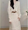 レディース 春秋 2点セット スカートセット シャツ 透かし彫り カジュアル デザイン感 長袖 襟付き スカート