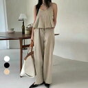 デー 旅行 お出かけ 大人可愛い 上下セット キャミ カジュアル ハイウエスト ワイドパンツ フリーサイズ ペプラムキャミソール