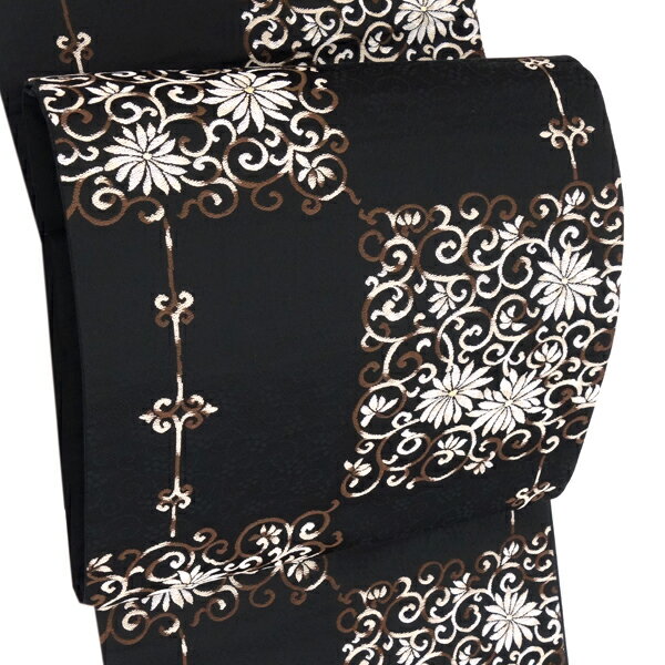 洒落袋帯 黒 廣部商事 仕立て上がり 正絹 黒 西陣織 新品 購入 販売 カジュアル セミフォーマル しゃれ袋帯 市松 唐花 更紗 絹 お仕立て済み 帯 fo-949
