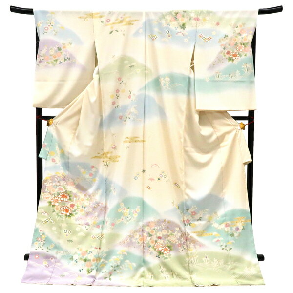 訪問着 友禅 十日町有名染織匠 仕立て付き クリーム色 新品 販売 購入 遠山 牡丹 松竹梅 着物 未仕立て 反物 袷 単衣 正絹 礼装着物 フォーマル 結婚式 絹 h-723［入卒式］