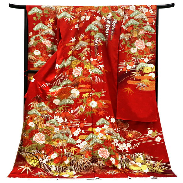 ≪15%OFF/スプリングセール≫振袖 赤 仕立て付き 桂由美 関芳 新品 販売 購入 古典柄 御所車 松竹梅 流水 正絹 友禅 フォーマル 着物 未仕立て 仕立て込み 礼装 成人式 卒業式 f-739