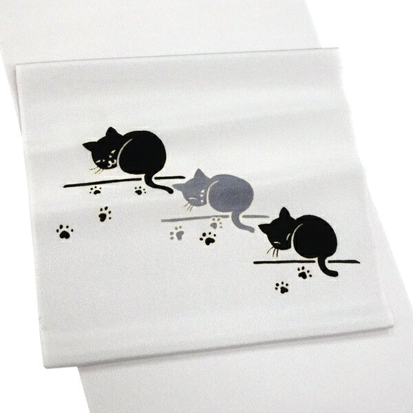 名古屋帯 猫柄 ライトグレー 仕立て付き 秀美 正絹 染め帯 十日町友禅染め 新品 九寸帯 九寸名古屋帯 袷 反物 カジュアル 仕立て込み 洒落物 絹 お太鼓柄 縮緬 ちりめん no-726