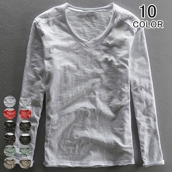 乐天商城 - Tシャツ メンズ 長袖 綿 コットン シンプル クルーネック 丸首 Vネック ロングTシャツ インナー トップス メンズファッション おしゃれ カジュアル ロンT 春 秋 メール便