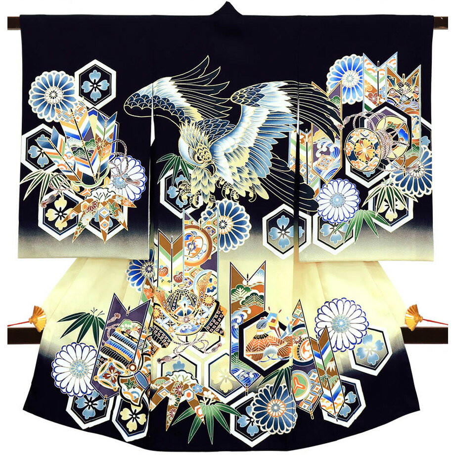 ★大安・土日レンタル可★【レンタル】 お宮参り 産着 祝い着 フルセットレンタル 往復送料無料 安心パック無料 お宮参り着物 掛け着 のしめ 初着 着物 子供着物 男の子 男児 赤ちゃん ベビー よだれかけ 帽子 お祝い 黒地に鷹と矢羽根、亀甲紋