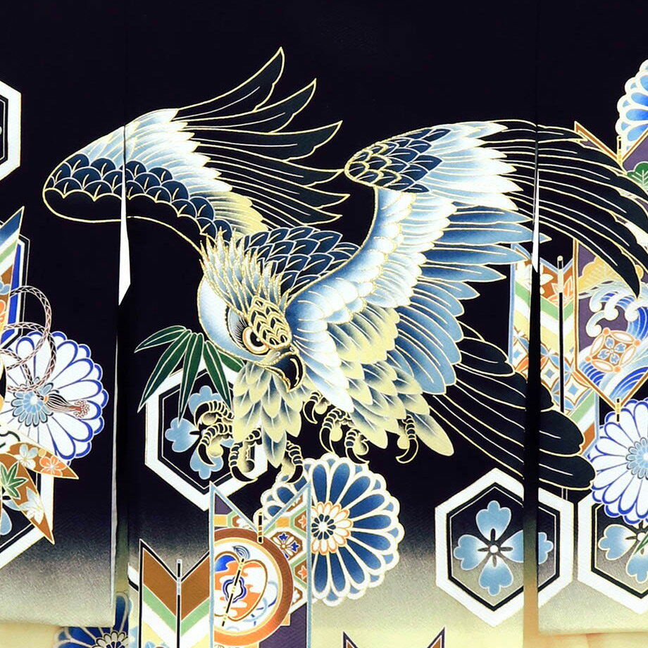 ★大安・土日レンタル可★【レンタル】 お宮参り 産着 祝い着 フルセットレンタル 往復送料無料 安心パック無料 お宮参り着物 掛け着 のしめ 初着 着物 子供着物 男の子 男児 赤ちゃん ベビー よだれかけ 帽子 お祝い 黒地に鷹と矢羽根、亀甲紋