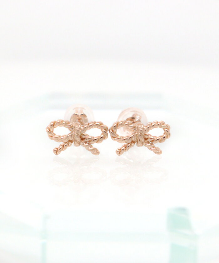 K18PGリボンピアス　地金ピアス　ダブルロックシリコンキャッチ　りぼん　18金　ピンクゴールド