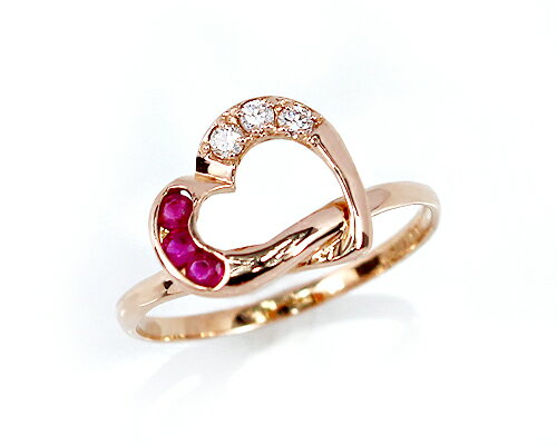 Pink Gold - K14PG 0.1ct ルビー 0.08ct ダイヤモンド ハート リング