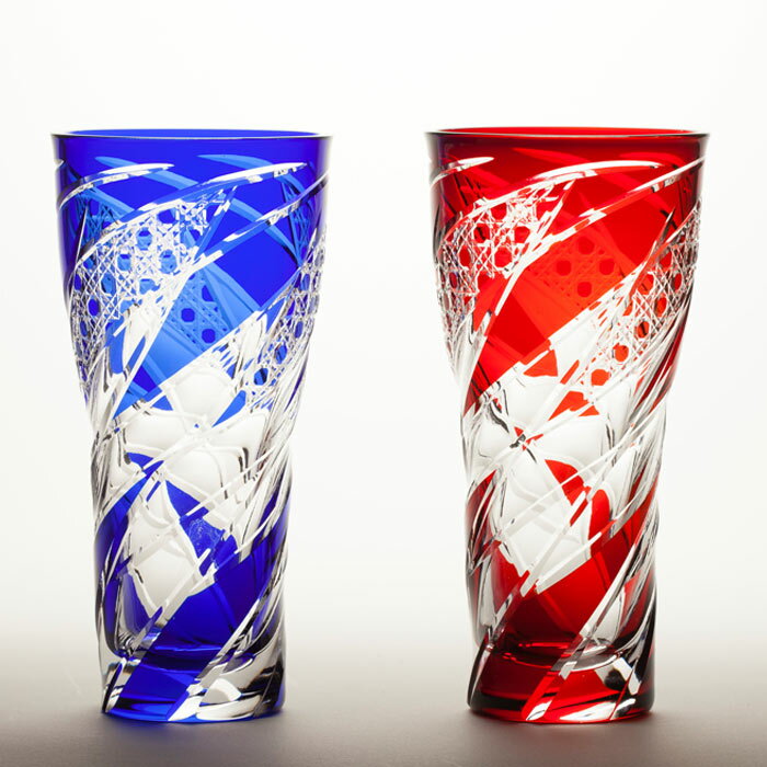 【送料無料】江戸切子 八角篭目文様 ビアグラス ペアセット 木箱入り カガミクリスタル