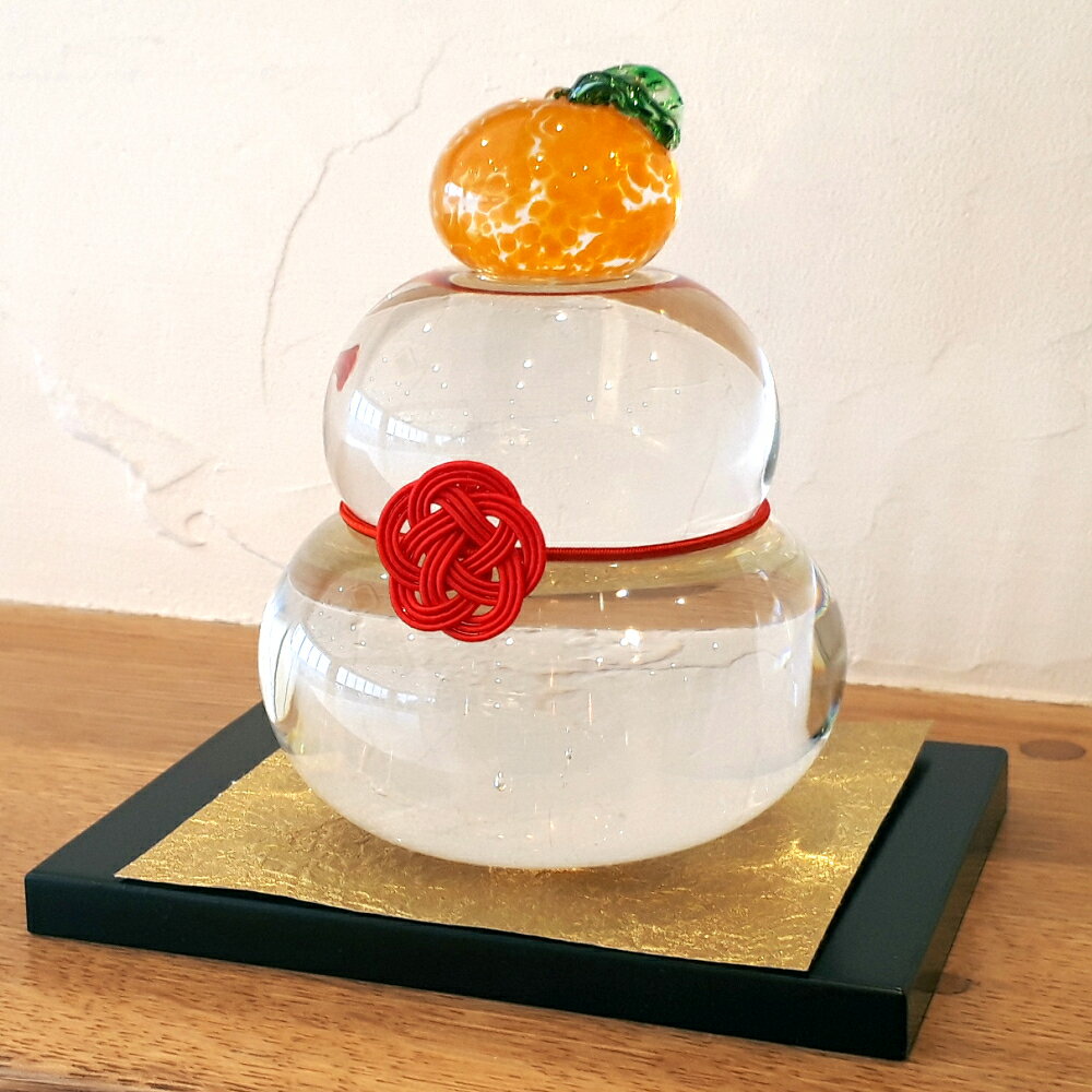 【20％OFF 5,800円 → 4,640円 】工房 CRAFTHOUSE ガラス製 鏡餅 クリア（中） 無垢 敷板・梅結び水引・和紙付き 箱入り ガラス鏡餅