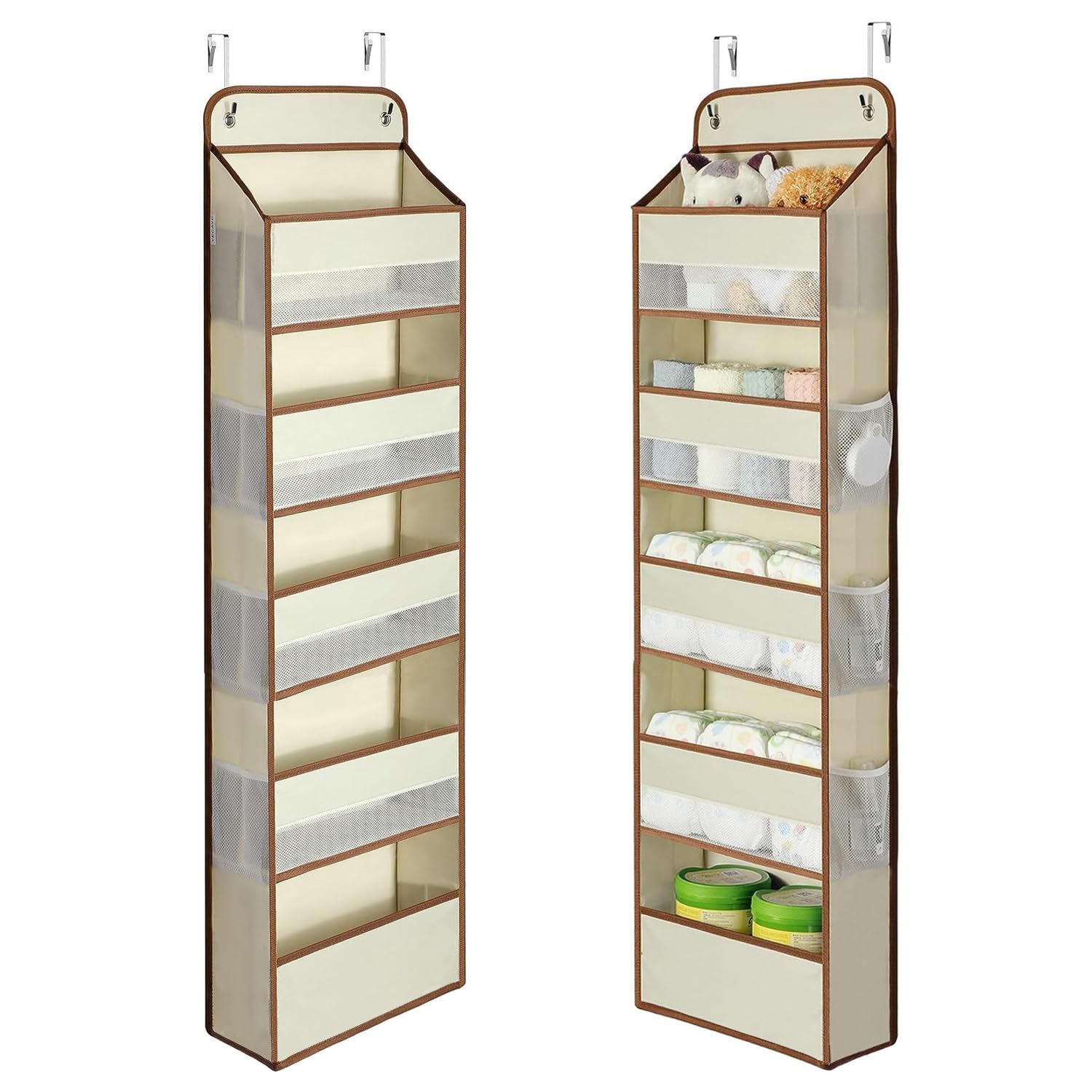 ウォールポケット【2024新型】ドア掛け収納式ポケット 5段の大容量 透明窓付き 壁掛け収納ポケット 吊り下げ収納ポケット 頑丈な不織布で作られた 耐用 小物収納 おもちゃ 雑誌 書類/漫画などの収納 2xフック付き (ベージュ色)