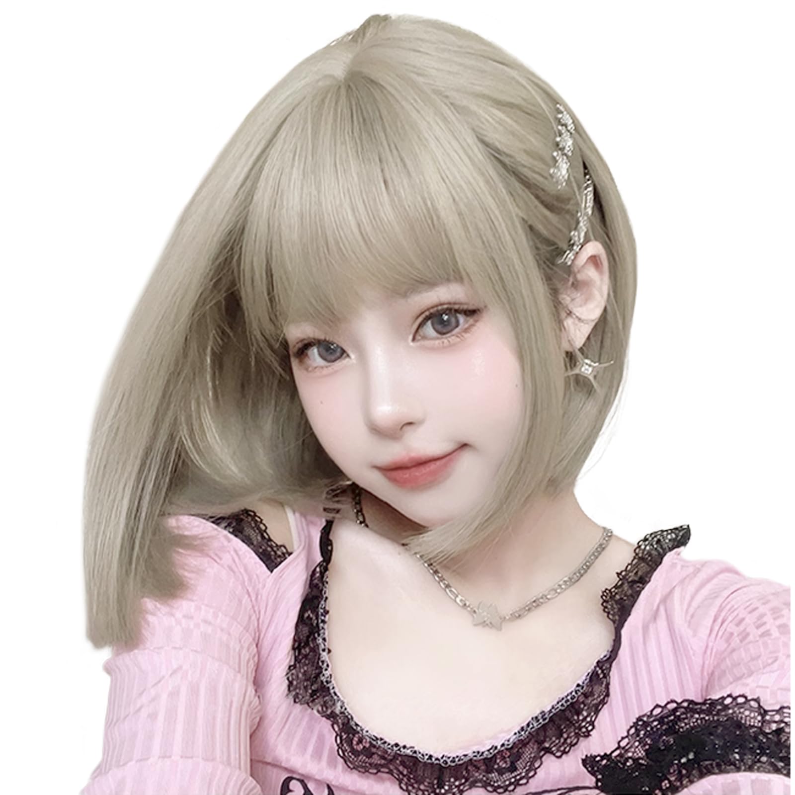 ウィッグ ボブ ショート レディース かつら Bob wig フルウィッグ 耐熱 自然 小?劾果 原宿 ロリータ 女性用 かつら ぱっつん かわいい オリーブグレー