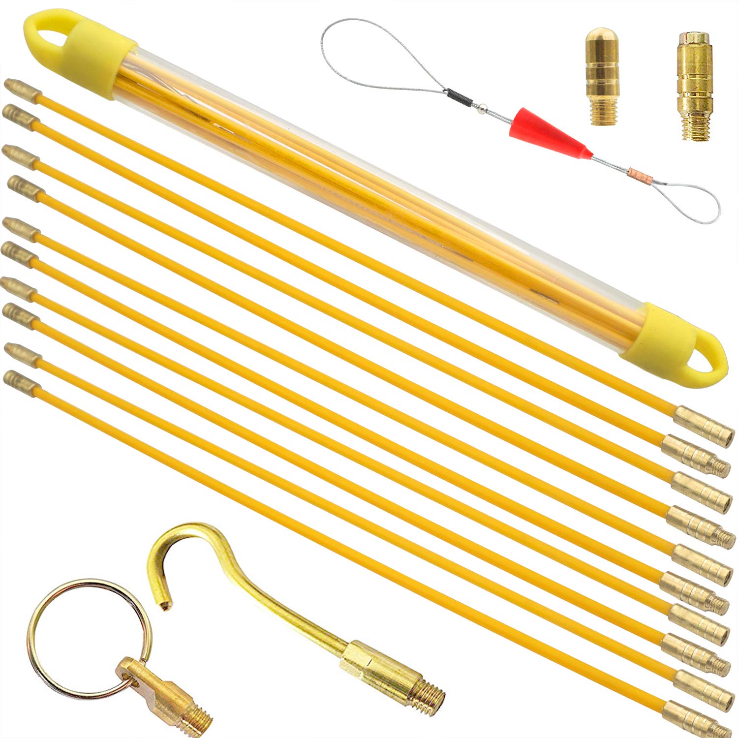 通線ワイヤー 配線通し 50cm×10本 入線呼線工事専用ワイヤー 先端金具 収納ケース付 5M 黄
