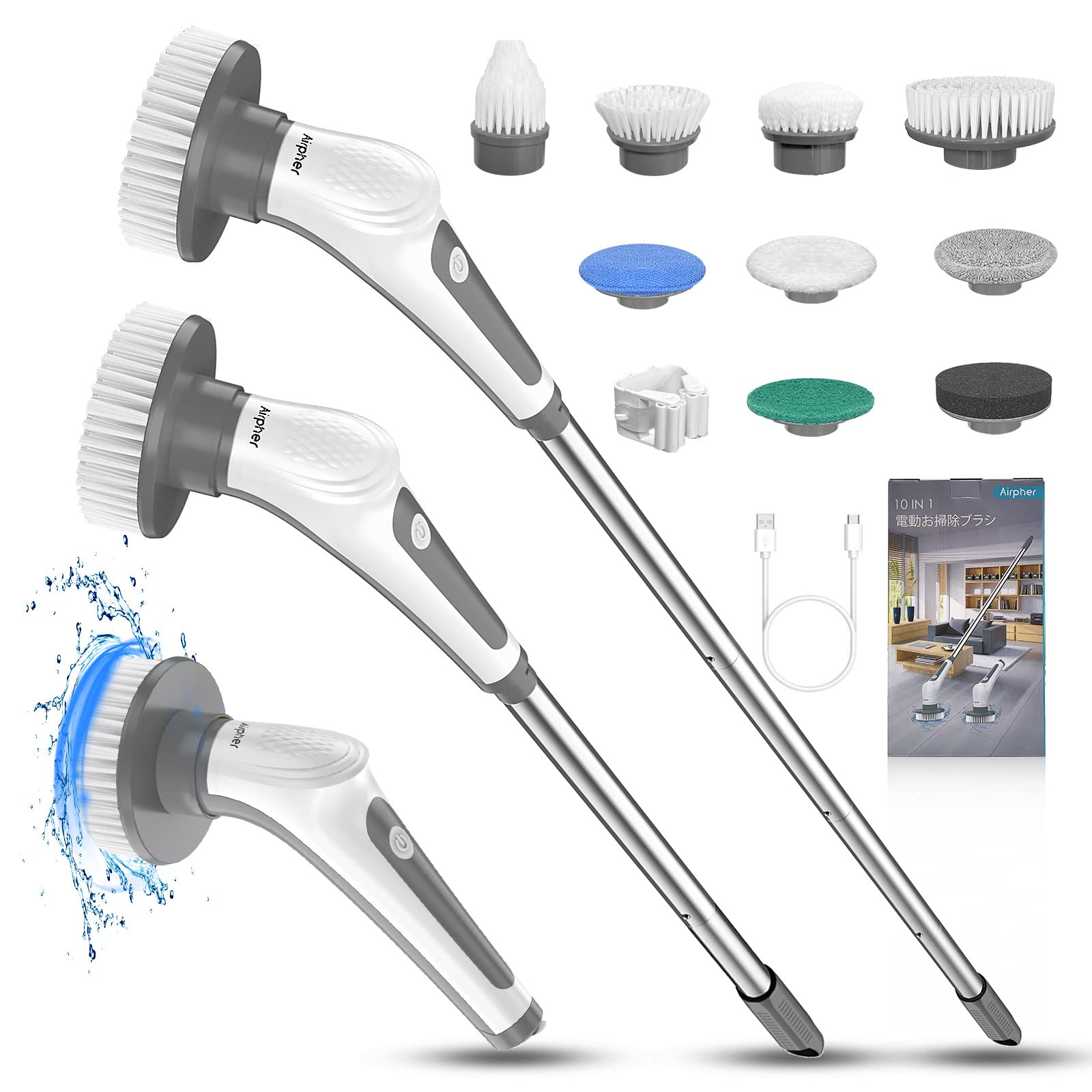 デッキブラシ 電動お掃除ブラシ 9つ取り替えブラシ付き バスポリッシャー コードレス 角度調整 2600mAh 120分間連続使用 長さ伸縮可能 風呂 浴室 浴槽磨き トイレ掃除 床 窓 壁 玄関 車の掃除 年末掃除 日本語説明書付属