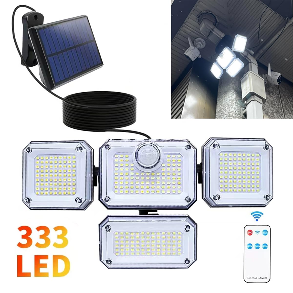 センサーライト 屋外 ソーラー【333LED 自由調整4灯式 5M延長コード 】太陽光センサーライト 2400mAh大容量バッテリー ledソーラーライト 屋外 防水 取り外し可能なスプリットソーラーパネル バッテリー 防犯ライト